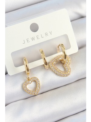 Eco Lounge Pirinç Zirkon Taşlı Kalp Model Gold Renk 3'lü Çift Kadın Küpe Set