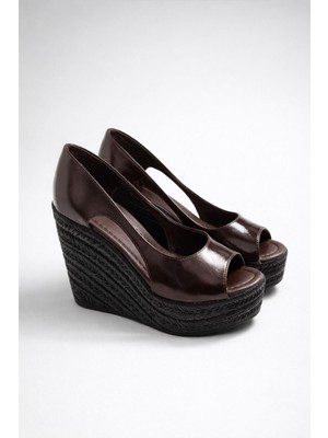 Preshley Kadın Beleon Kahverengi Krışık Rugan 11 cm Platfomlu Dolgu Topuklu Ayakkabı