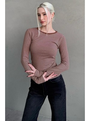 Madmext Kahverengi Çizgili Uzun Kollu Kadın Body MG2657