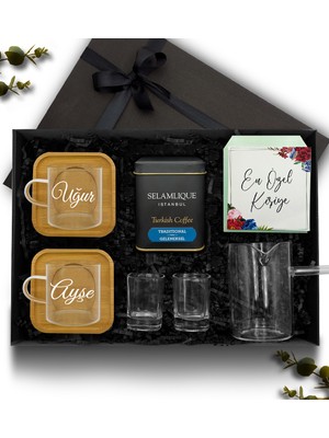 As Gift 2'li Bambu Tabaklı Cam Fincan &cam Cezve & Selamlique Türk Kahvesi & Cam Su Bardağı Hediye Seti