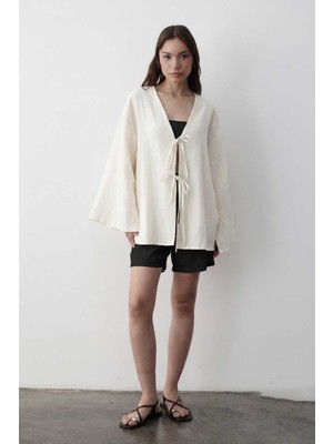 Jaste Kadın Yarasa Kol Çift Bağlamalı Kimono %100 Pamuk Natural
