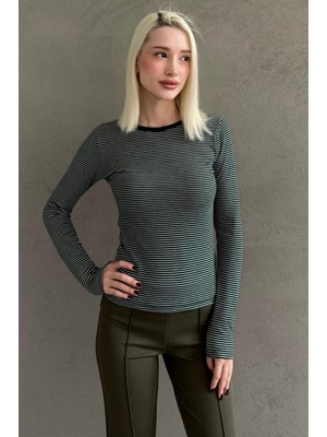 Madmext Yeşil Çizgili Uzun Kollu Kadın Body MG2657