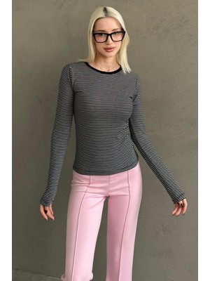 Madmext Siyah Çizgili Uzun Kollu Kadın Body MG2657