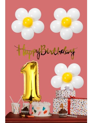 Tedaks Papatya Temalı Beyaz Sarı Papatya Balon Gold Rakam Gold Banner Doğum Günü Seti