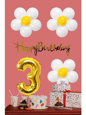 Tedaks Papatya Temalı Beyaz Sarı Papatya Balon Gold Rakam Gold Banner Doğum Günü Seti