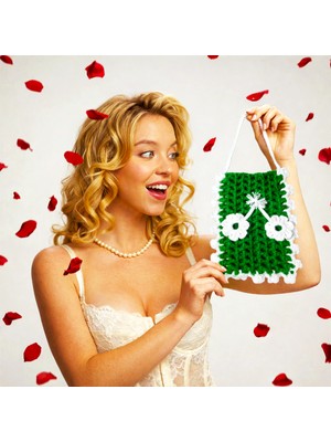 Sevsenka 14 Şubat Sevgililer Günü Özel Tasarım Yeşil Çiçek Detaylı Mini Lüks Çanta Moda Defile Ürünleri