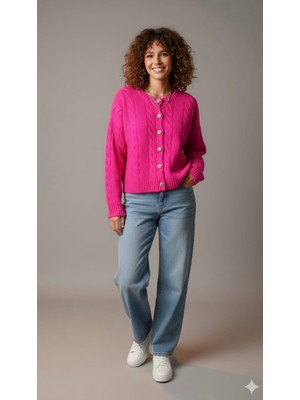 Fuşya Pembe Triko Hırka