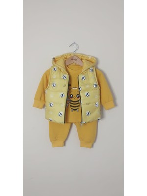 Minitix Erkek/kız Bebek 3'lü Takım - Arı Nakışlı Şişme Yelekli Sweatshirt ve Alt Eşofman Seti