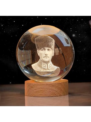 Braventa Collection Coverzone Ahşap Standlı Cam Küre Işıklı Göz Yormayan Ulu Önder Atatürk Motifli Masaüstü Aydınlatma G