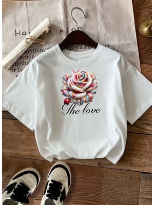 Caddekombin Kadın The Love Baskılı Baskılı Yuvarlak Yaka Beyaz T-Shirt