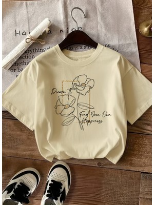 Caddekombin Kadın Çiçek Grafik Baskılı Bisiklet Yaka Bej T-Shirt