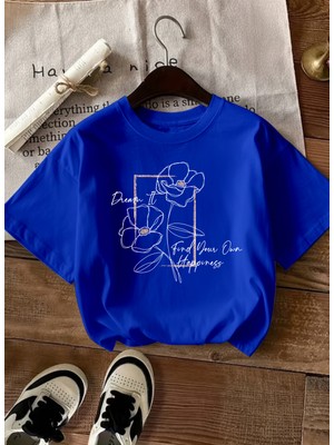 Caddekombin Kadın Çiçek Grafik Baskılı Bisiklet Yaka Saks Mavi T-Shirt