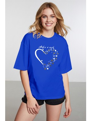 Caddekombin Kadın Işıltılı Yıldız Detaylı Bisiklet Yaka Saks Mavi T-Shirt