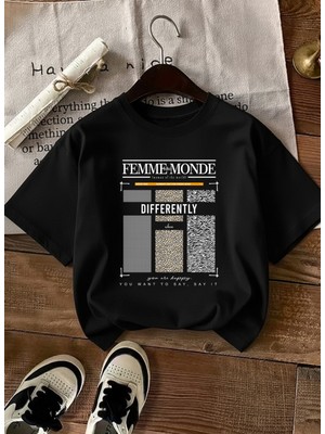 Caddekombin Kadın Femme Baskılı Bisiklet Yaka Siyah T-Shirt