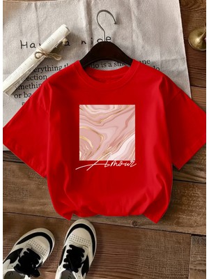 Caddekombin Kadın Rose Gold Işıltılı Grafik Baskılı Kırmızı T-Shirt