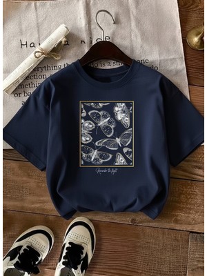 Caddekombin Kadın Gold Çerçeveli Kelebek Desenli Lacivert T-Shirt