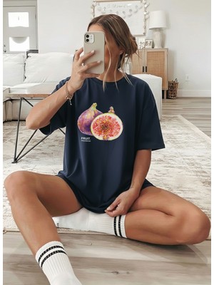 Caddekombin Kadın Pinterest Incir Baskılı Bisiklet Yaka Lacivert T-Shirt