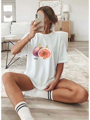 Caddekombin Kadın Pinterest Incir Baskılı Bisiklet Yaka Beyaz T-Shirt