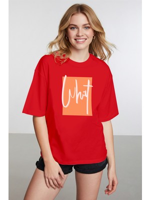 Caddekombin Kadın What Baskılı Bisiklet Yaka Kırmızı T-Shirt