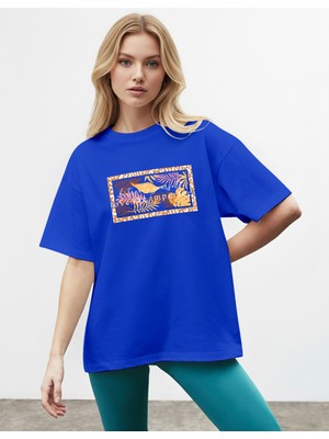 Caddekombin Kadın Leopar Palmiye Baskılı Bisiklet Yaka Saks Mavi T-Shirt
