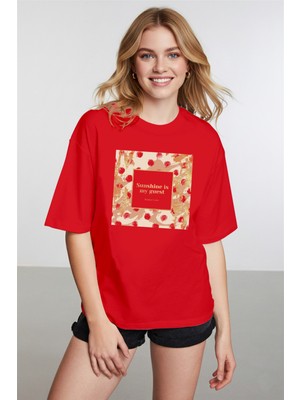Caddekombin Kadın Gold Baskılı Sunshine Yazılı Kırmızı T-Shirt