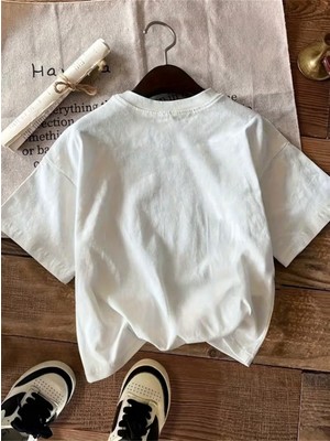 Caddekombin Kadın Leopar Desen Slogan Baskılı Bisiklet Yaka Beyaz T-Shirt