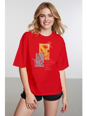 Caddekombin Kadın Batik Desenli Çiçek Baskılı Bisiklet Yaka Kırmızı T-Shirt