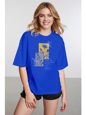 Caddekombin Kadın Batik Desenli Çiçek Baskılı Bisiklet Yaka Saks Mavi T-Shirt
