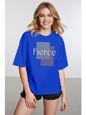 Caddekombin Kadın Fierce Grafik Baskılı Basic Saks Mavi T-Shirt