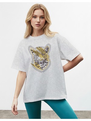 Caddekombin Kadın Leopar Noktalı Grafik Baskılı Basic Gri T-Shirt