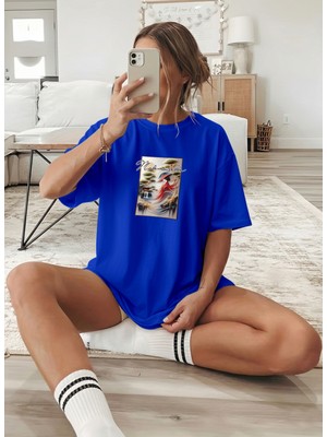Caddekombin Kadın Mademle Baskılı Özel Tasarım Saks Mavi T-Shirt