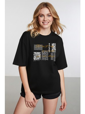 Caddekombin Kadın Zebra ve Leopar Detaylı Bisiklet Yaka Siyah T-Shirt