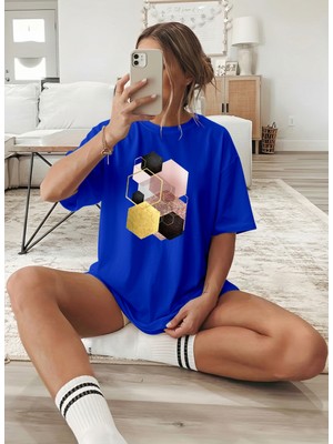 Caddekombin Kadın Modern Bal Peteği Desenli Saks Mavi T-Shirt