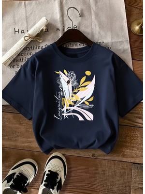 Caddekombin Kadın Altın Yıldız Detaylı Soyut Çiçekli Lacivert T-Shirt