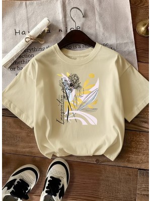 Caddekombin Kadın Altın Yıldız Detaylı Soyut Çiçekli Bej T-Shirt