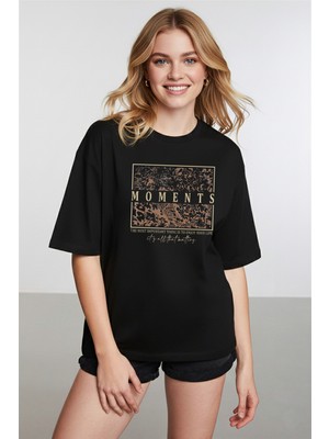 Caddekombin Kadın Leopar Desenli Gold Çerçeveli Siyah T-Shirt