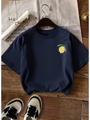 Caddekombin Kadın Çift Taraf Limoncello Baskılı Lacivert T-Shirt