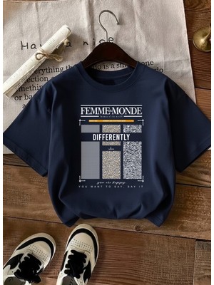Caddekombin Kadın Femme Baskılı Bisiklet Yaka Lacivert T-Shirt