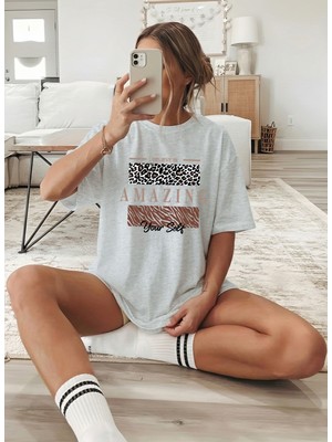 Caddekombin Kadın Leopar Amazing Baskılı Bisiklet Yaka Gri T-Shirt