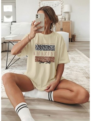Caddekombin Kadın Leopar Amazing Baskılı Bisiklet Yaka Bej T-Shirt