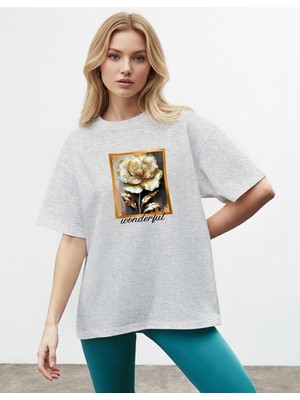 Caddekombin Kadın Golt Detaylı Gül Grafik Bisiklet Yaka Gri T-Shirt