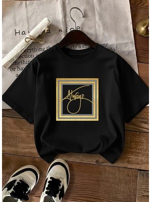 Caddekombin Kadın Always Slogan Gold Çerçeveli Siyah T-Shirt