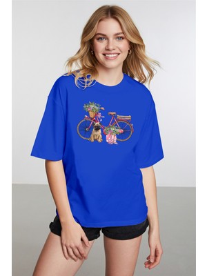 Caddekombin Kadın Pug Grafik Baskılı Yuvarlak Yaka Saks Mavi T-Shirt