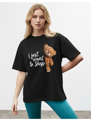 Caddekombin Kadın Just Want Baskılı Bisiklet Yaka Siyah T-Shirt