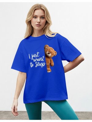 Caddekombin Kadın Just Want Baskılı Bisiklet Yaka Saks Mavi T-Shirt