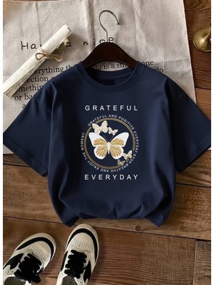 Caddekombin Kadın Gold Işıltılı Kelebek Baskılı Lacivert T-Shirt