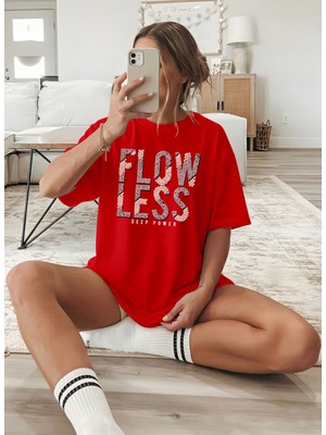 Caddekombin Kadın Flowless Mottolu Gece Şıklığı Kırmızı T-Shirt