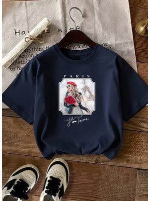 Caddekombin Kadın Romantik Paris Esintili Şık Tasarım Lacivert T-Shirt