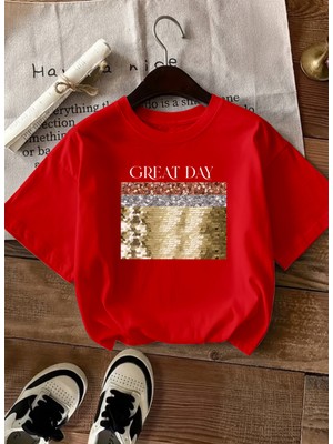 Caddekombin Kadın Gold Payet Işlemeli Bisiklet Yaka Kırmızı T-Shirt