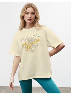 Caddekombin Kadın Işıltılı Yıldız Noktalı  Detaylı Bisiklet Yaka Bej T-Shirt